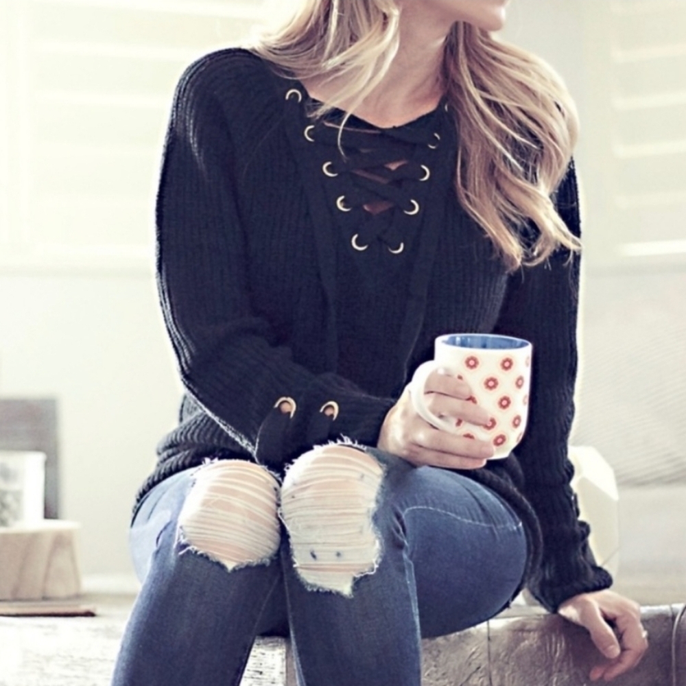 Sadie & Sage Oversized Lace up Sweater Long Sleeve Black Women's Medium Large